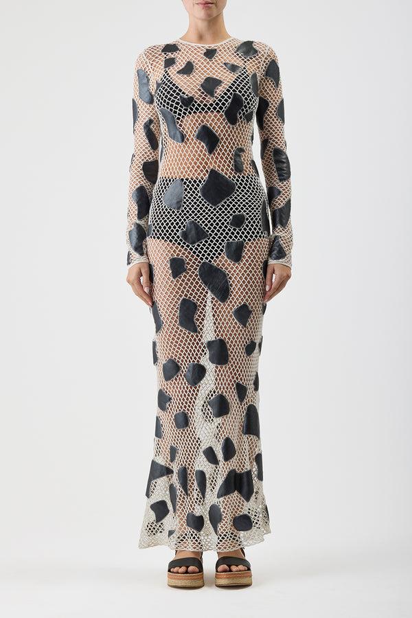Gabriela Hearst Romeo Crochet Maxi Dress In White Merino Wool With Black Metallic Nappa Leather Patches
