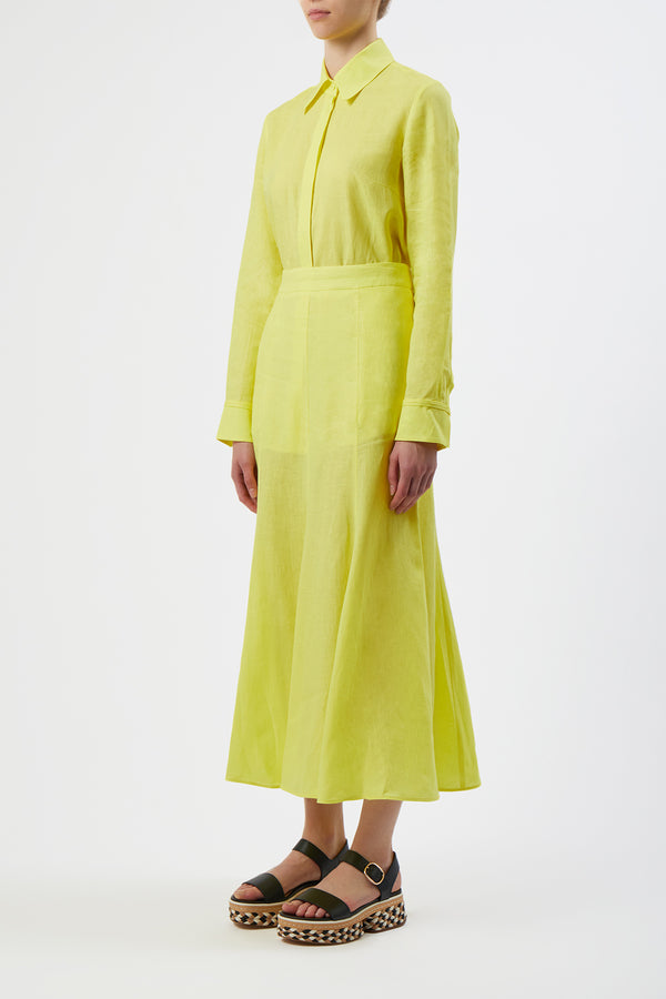 Gabriela Hearst Tate Midi Skirt In Fluorescent Yellow Aloe Linen