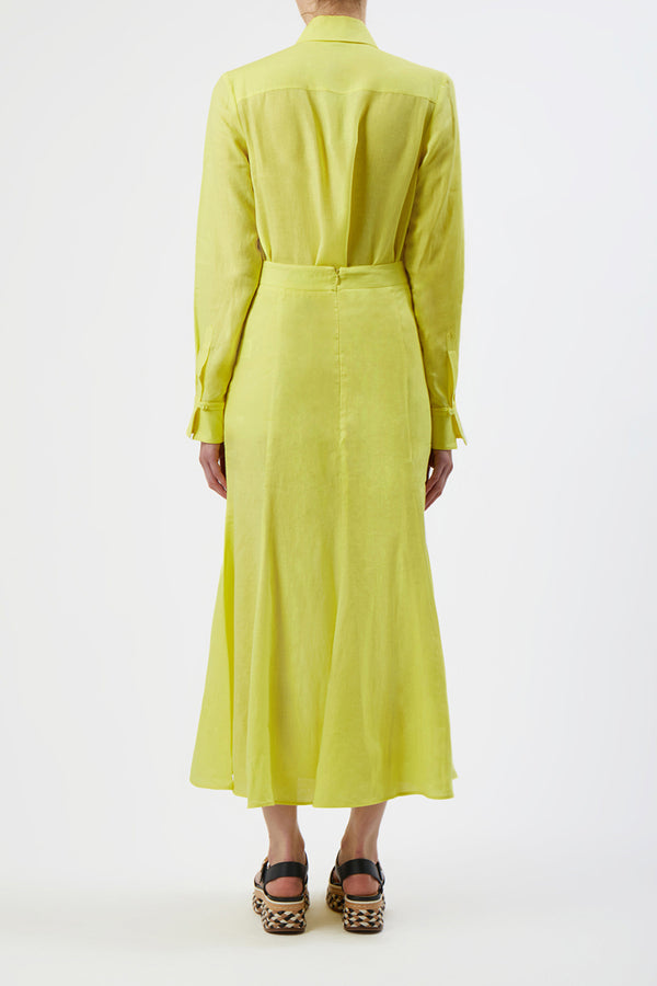 Gabriela Hearst Tate Midi Skirt In Fluorescent Yellow Aloe Linen