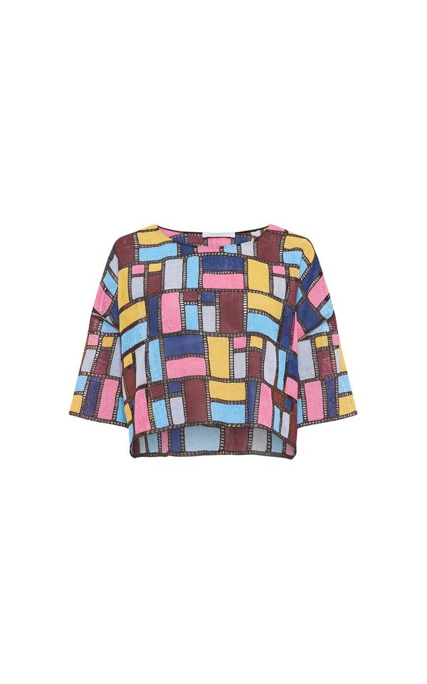 gabriela hearst Tatia Patchwork Embroidered Cropped Top in Aurora Multi Linen