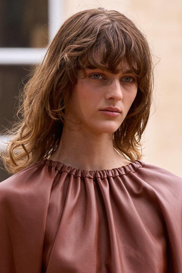 Gabriela Hearst Wilmer Pleated Cape Top In Cognac Soft Leather
