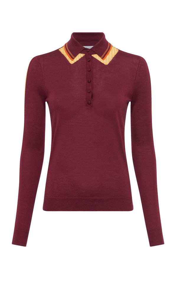 gabriela hearst Zorya Knit Long Sleeve Polo In Merlot Multi Cashmere Silk
